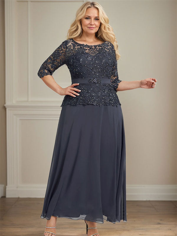 A-Linien-Kleid mit U-Boot-Ausschnitt, Illusion-Detail, knöchellang, aus Chiffon und Spitze mit Strassperlen für die Mutter der Braut. 