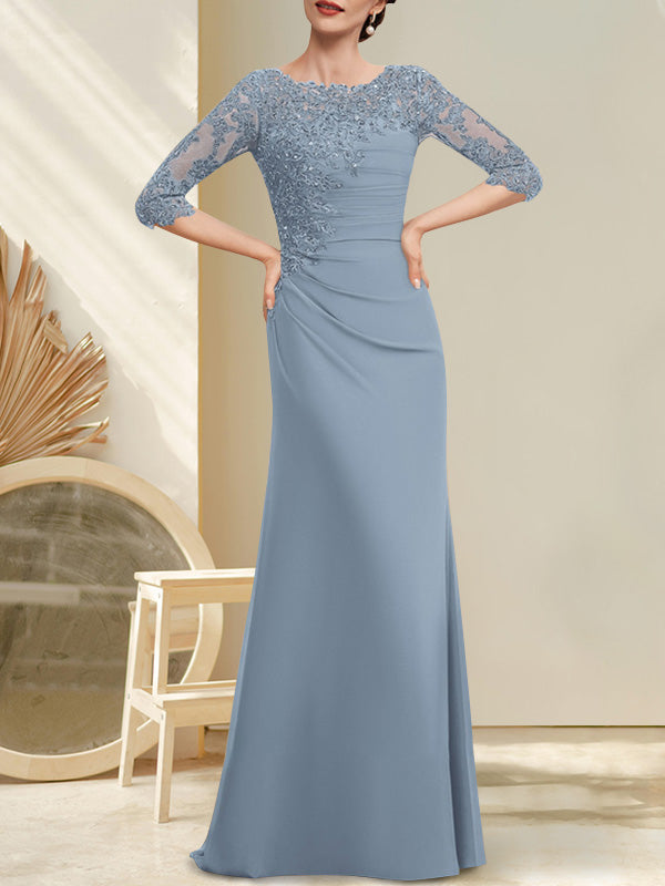 A-Linien-Kleid aus Chiffon und Spitze in Bodenlänge für die Mutter der Braut mit Perlenstickerei, Falten und Pailletten