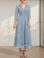 A-Linien-Chiffonkleid mit V-Ausschnitt und Teelänge für die Mutter der Braut