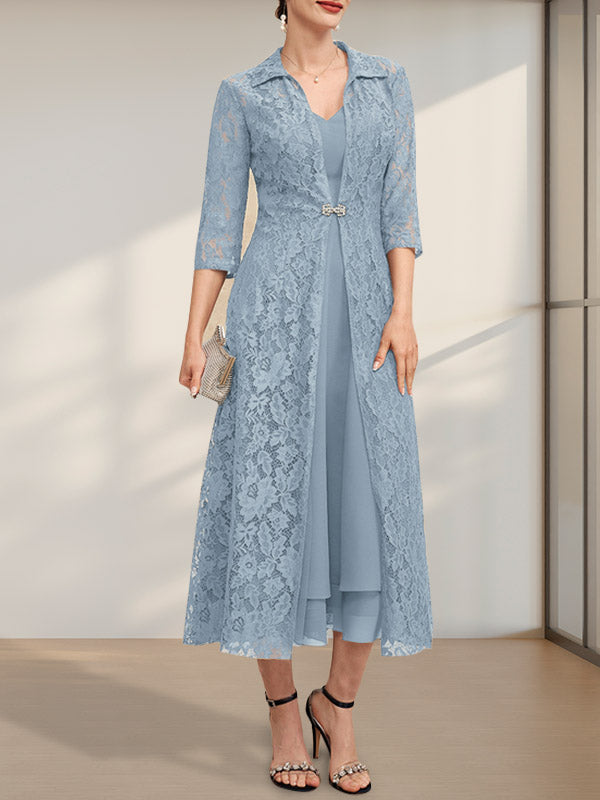 A-Linien-Chiffonkleid mit V-Ausschnitt und Teelänge für die Mutter der Braut