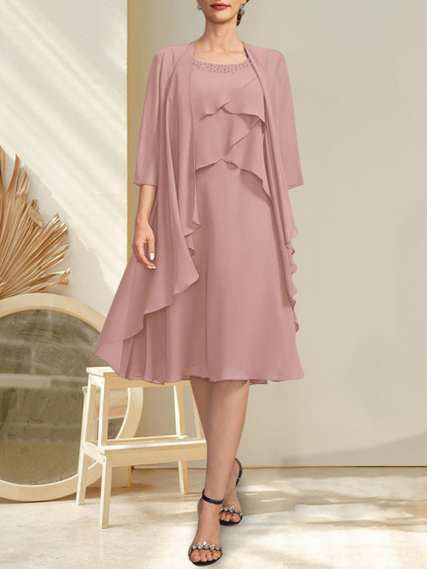 A-Linien-Chiffonkleid mit Rundhalsausschnitt und Perlenstickerei, knielang, für die Mutter der Braut