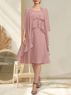 A-Linien-Chiffonkleid mit Rundhalsausschnitt und Perlenstickerei, knielang, für die Mutter der Braut