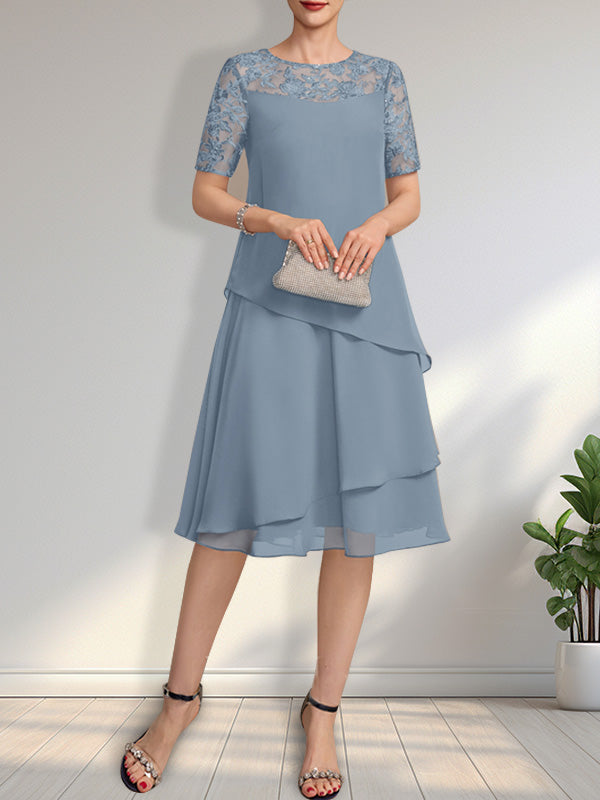 A-Linien-Kleid mit Rundhalsausschnitt, Illusion-Effekt, knielang, aus Spitze und Chiffon mit Pailletten für die Mutter der Braut