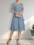 A-Linien-Kleid mit Rundhalsausschnitt, Illusion-Effekt, knielang, aus Spitze und Chiffon mit Pailletten für die Mutter der Braut