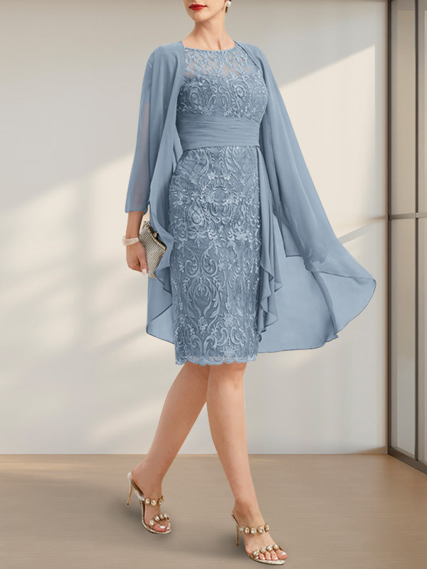 Etuikleid/Säulenkleid mit Illusion-Ausschnitt, knielang, aus Chiffon mit Spitze, Kaskadenrüschen und Pailletten für die Mutter der Braut