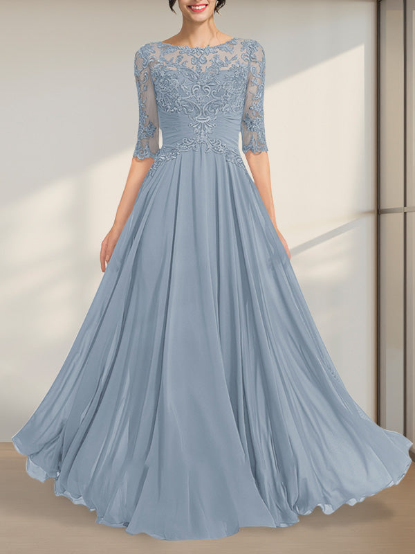 A-Linien-Kleid mit Illusion-Ausschnitt, bodenlang, aus Chiffon und Spitze, mit plissierten Pailletten und V-Ausschnitt für die Mutter der Braut