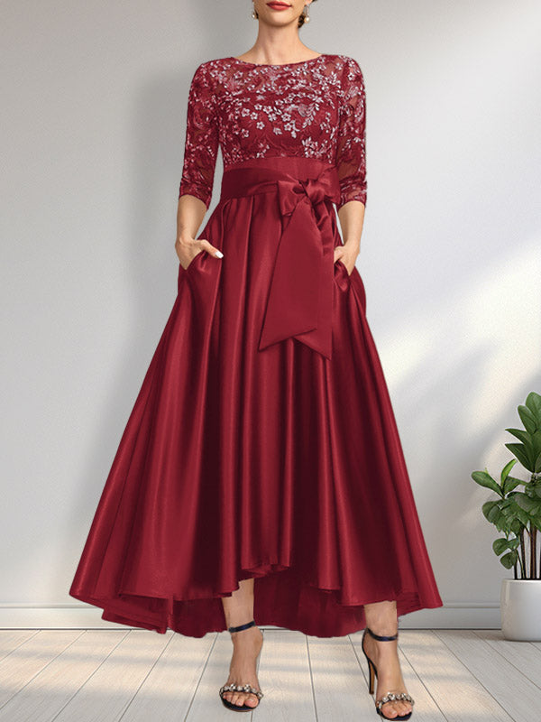 Vestido de madre de la novia de encaje satinado asimétrico con ilusión de corte A y lazo