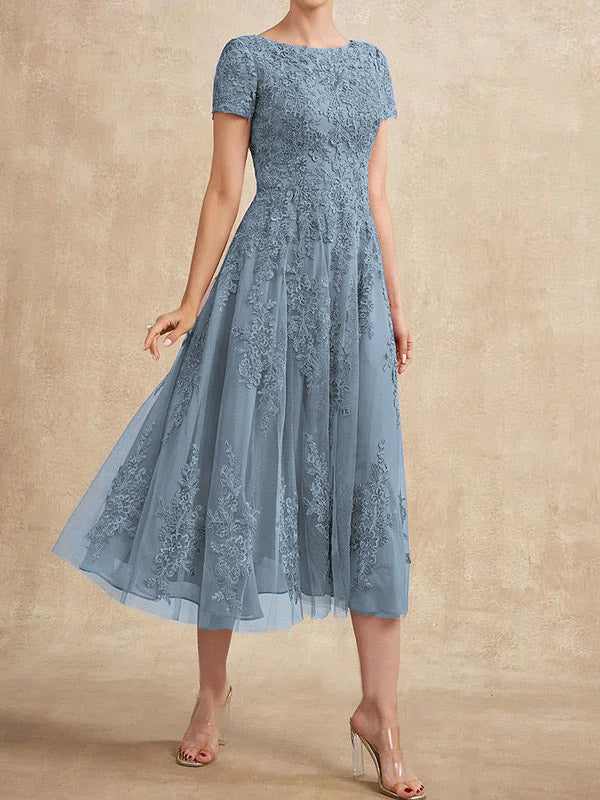 A-Linien-Kleid aus Tüllspitze mit Rundhalsausschnitt und Teelänge für die Mutter der Braut 