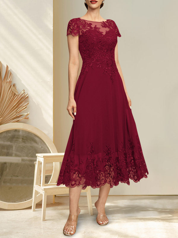 A-Linien-Kleid mit Illusion-Ausschnitt, Rundhalsausschnitt, Teelänge, Spitze und Chiffon, mit Pailletten, für die Mutter der Braut