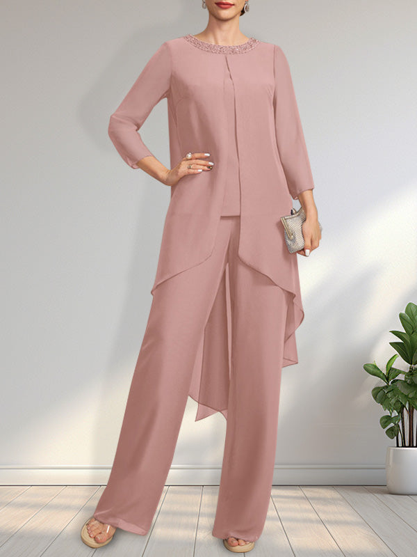 Vestido de gasa para madre de la novia, con escote redondo y largo hasta el suelo, con lentejuelas y abalorios, estilo mono/pantalón.