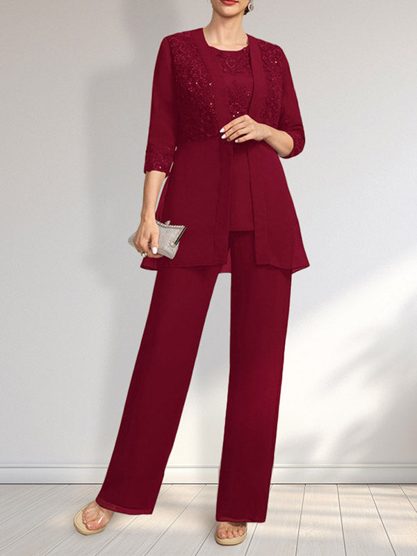 Jumpsuit/Hosenanzug-Set, bodenlanges Chiffon-Spitzenkleid mit Pailletten für die Mutter der Braut mit Rundhalsausschnitt