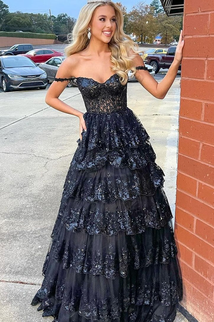 Princess Off the Shoulder Sequined Lace Prom Dress