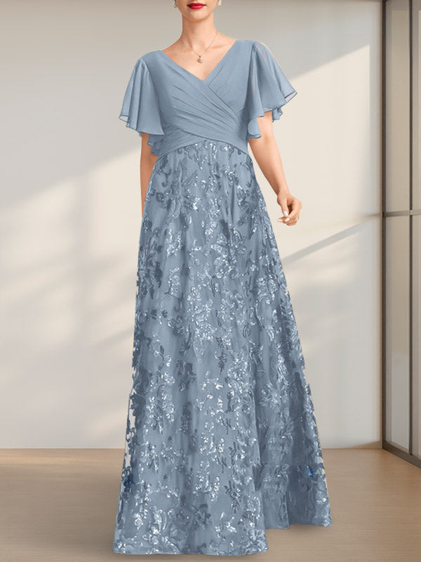 A-Linien-Kleid mit V-Ausschnitt, bodenlang, aus Spitze, Pailletten und Chiffon, ideal für die Mutter der Braut, mit Falten