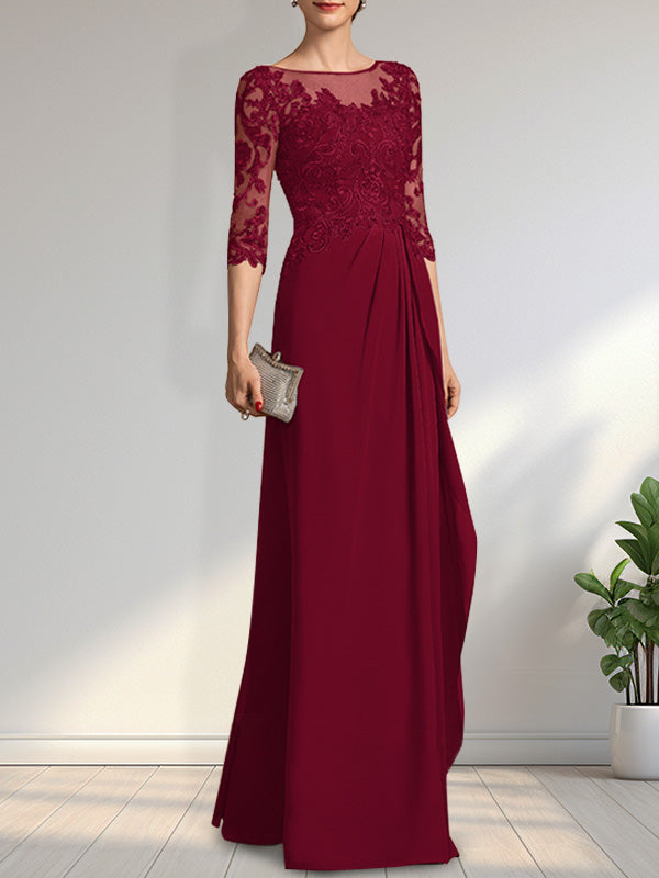 A-Linien-Kleid mit U-Boot-Ausschnitt, Illusion-Effekt, bodenlang, aus Chiffon und Spitze, mit Perlen, Pailletten und kaskadenartigen Rüschen – perfekt für die Mutter der Braut.