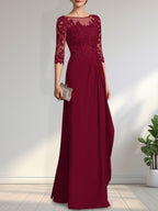 A-Linien-Kleid mit U-Boot-Ausschnitt, Illusion-Effekt, bodenlang, aus Chiffon und Spitze, mit Perlen, Pailletten und kaskadenartigen Rüschen – perfekt für die Mutter der Braut.