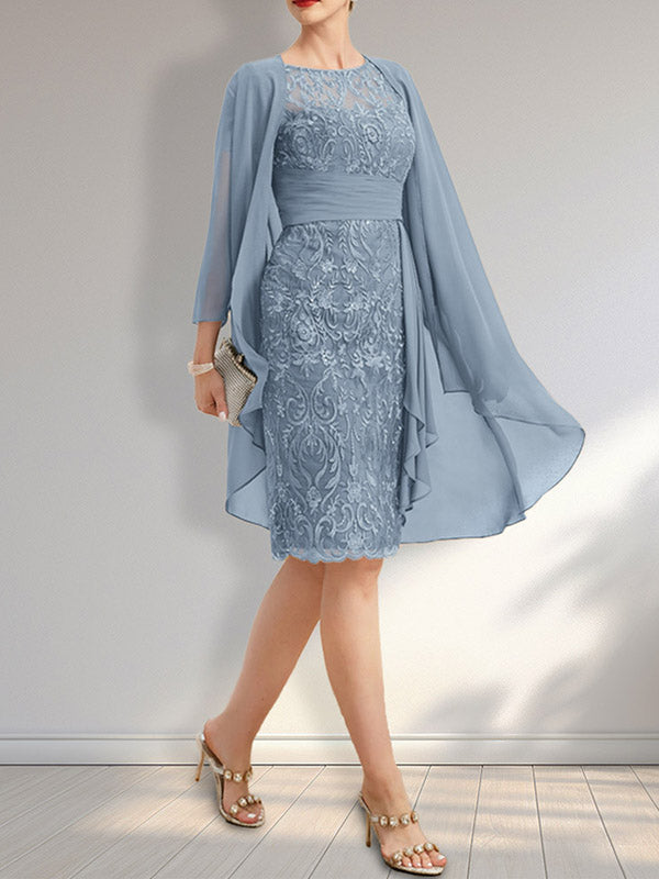 Etuikleid mit Rundhalsausschnitt, Illusion-Effekt, knielang, aus Chiffon mit Spitze, Rüschen und Pailletten – ideal für die Mutter der Braut