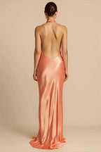 Solid Satin Halter Backless Maxi Dress