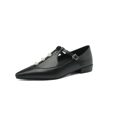 - Zapatos Mary Jane de punta puntiaguda con perlas y hebilla en T, cómodos, planos y mocasines para mujer, tallas grandes 41, 42 y 43, para primavera y otoño.