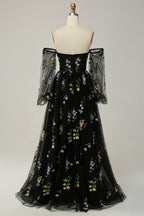 Elegant Black Off The Shoulder Long Sleeves A-Line Prom Dress