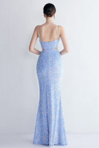 Mermaid Halter Black Sequins Long Prom Dress with Keyhole