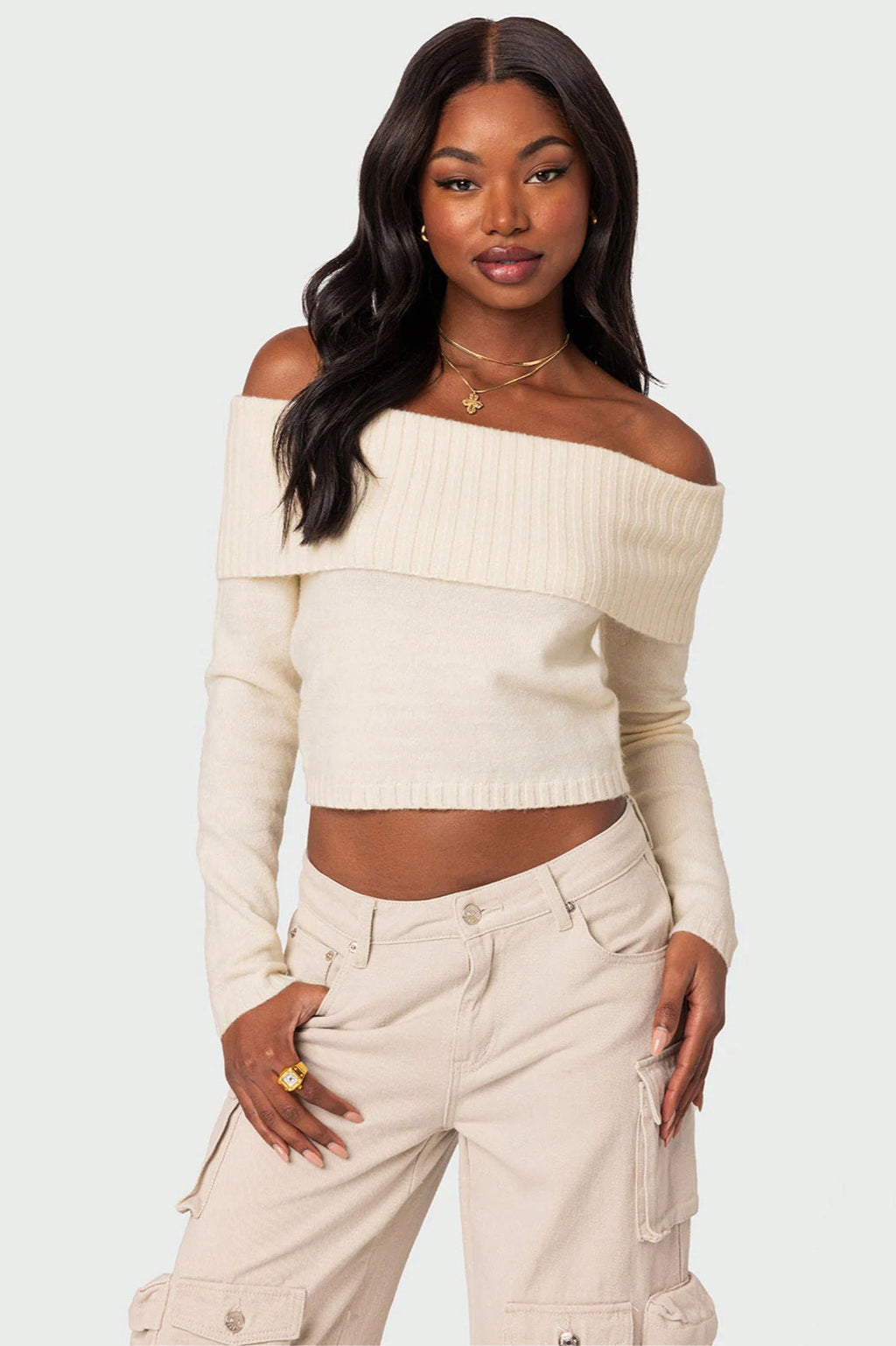 Solid Color Off-Shoulder Boat Neck Long-Sleeve Knit Top