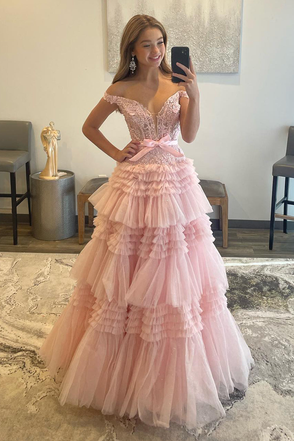 Princess A Line Off the Shoulder Lilac Long Prom Dress with Ruffles