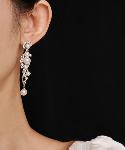 Classy White Stergild Silver Zircon Pearl Drop Earrings