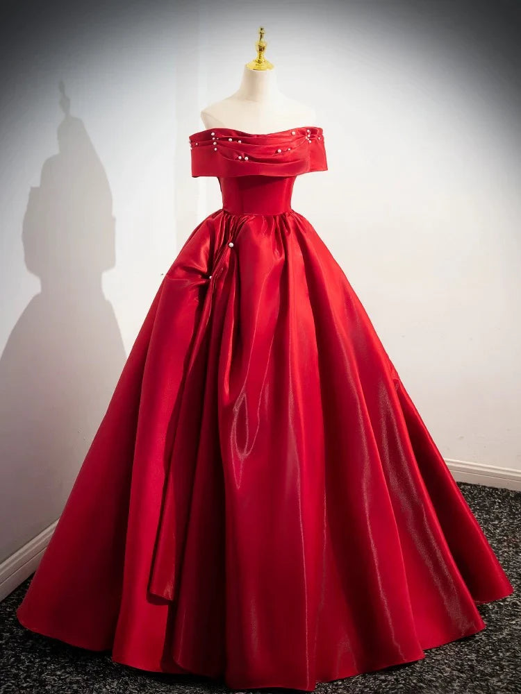 A-Linie schulterfreies Satin langes Ballkleid Abendkleid