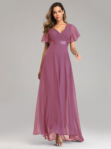 Chiffon-Ballkleider V-Ausschnitt Kurze Ärmel Halbformelles Maxikleid 