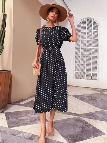 Polka Dot Classic Jewel Neck Short Sleeves Midi Dress