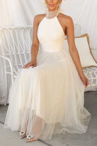 Vestido largo con cuello halter y detalle fruncido de tul Fairy Vibes 