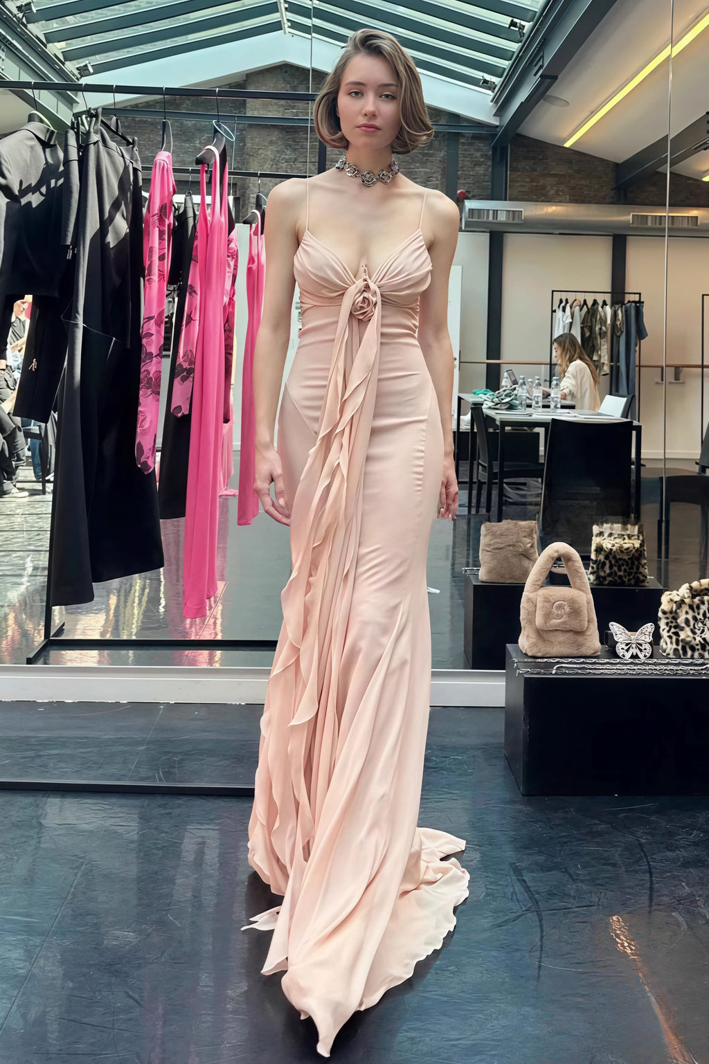 3D Rose Flowy Spaghetti Strap Backless Maxi Dress