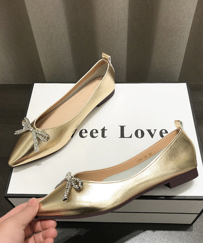 Frauen Bequeme Bogen Spleißen Flache Schuhe Gold Kunstleder Spitz 