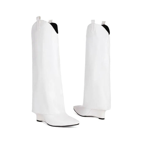 Botas altas hasta la rodilla de charol blanco para mujer, con cuña y tacón, sin cordones, negras y rojas, diseño de pantalones, talla grande 45 
