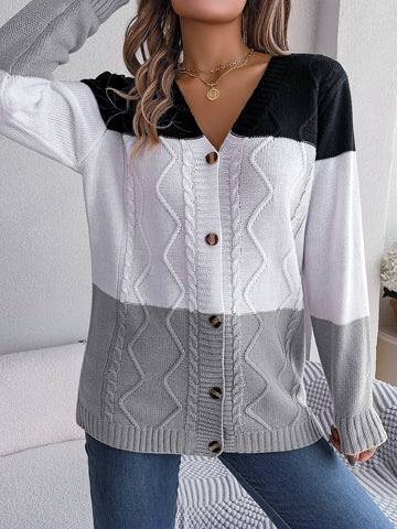 Herbst Winter Casual Kontrast Farbe Taste Langarm Pullover Strickjacke Mantel Frauen Kleidung 