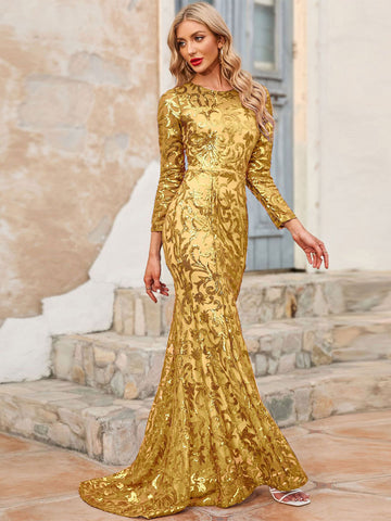 Geburtstags-Maxikleid mit Rundhalsausschnitt, langen Ärmeln, sexy langes Kleid 