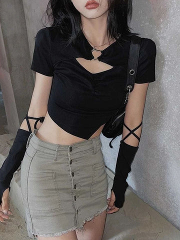 High Street Short Sleeve T-shirt Women Harajuku Summer Hollow Out Slim Design Ins Korean Style Above Navel Cropped Top All-match