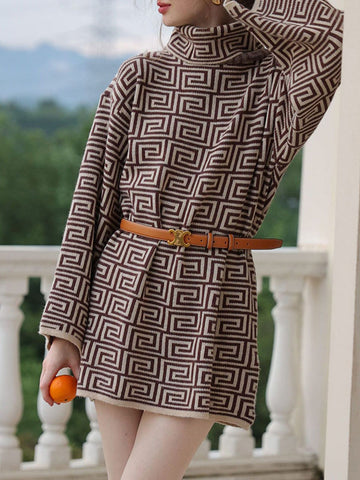 Vestidos tipo suéter con cuello alto, mangas largas y estampado jacquard, minivestidos