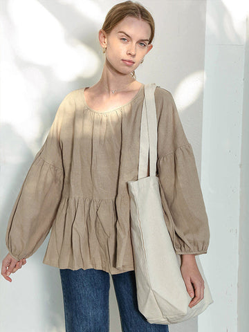 Camiseta informal holgada de lino con mangas abullonadas y plisada de color liso 