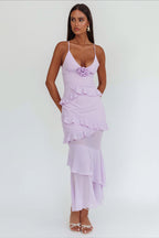 Flowy Solid Ruffle Slim Cami Maxi Dress