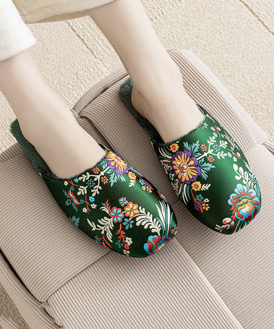 Retro Grün Satin Stickerei Hausschuhe Schuhe Fuzzy Wolle Gefüttert 