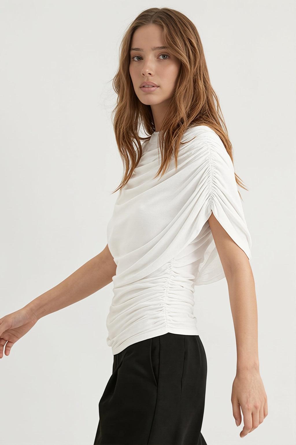Solid Sheer Ruffle Scarf Neck Blouse