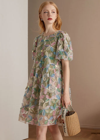 Versand in 24 Stunden/ iItalian Green O Neck Floral Patchwork Tüll Midi Kleider Puffärmel 