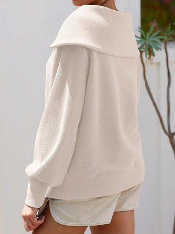 Long Sleeves Loose Solid Color Zipper Lapel Sweatshirt Tops