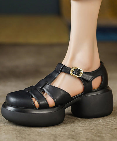Hollow Out Splicing Chunky Sandals Beige Cowhide Leather