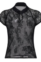 Hollow Out Stand Collar Sheer Lace Blouse