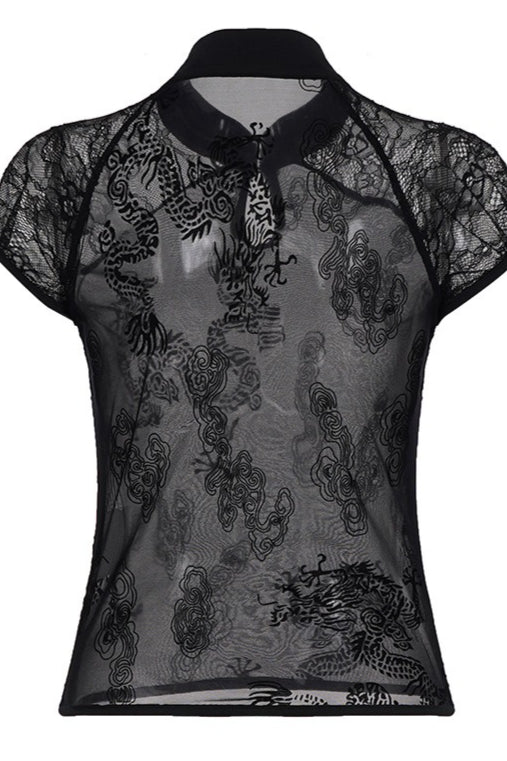 Hollow Out Stand Collar Sheer Lace Blouse