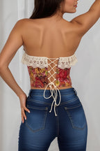 Art Print Lace Panel Boned Vintage Jacquard Cami Blouse