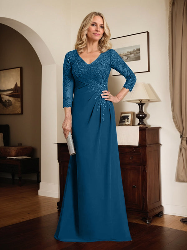 Etuikleid/Säulenkleid mit V-Ausschnitt, Illusion-Detail, bodenlang, aus Chiffonspitze und plissierten Pailletten für die Mutter der Braut 