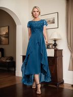 A-Linien-Kleid mit asymmetrischem Chiffon-Spitzenausschnitt, Schleife, Rüschen und Pailletten für die Mutter der Braut 